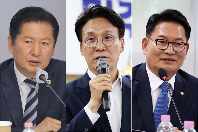 정청래 전 더불어민주당 대표(왼쪽부터), 김민석 국무총리, 송영길 전 더불어민주당 대표. 연합