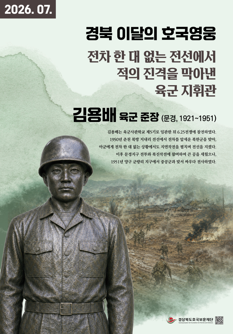 경상북도호국보훈재단은 2026년 '경북 이달의 호국영웅' 7월의 주인공으로 문경 출신의 김용배 육군 준장(1921~1951)을 선정했다고 밝혔다.