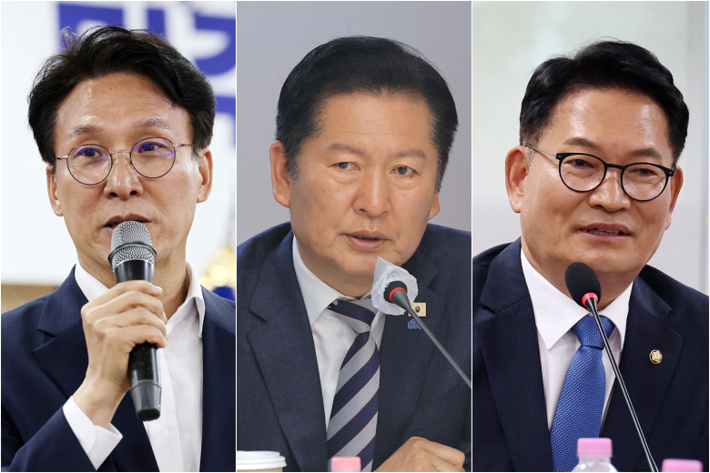 김민석 국무총리(왼쪽부터), 정청래 전 더불어민주당 대표, 송영길 전 더불어민주당 대표. 연합