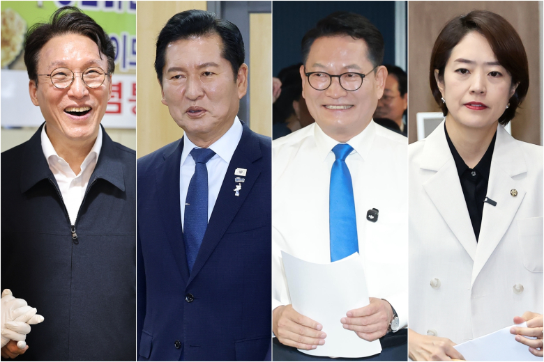 더불어민주당 차기 당권 주자들의 공식 출마 선언이 속속 이어지며 8·17 전당대회 대진표가 윤곽을 드러내고 있다. 왼쪽부터 목포 동부시장을 방문한 김민석 전 총리, 국회 의원회관에서 열린 정책토론회에 참석한 정청래 전 대표, 당사에서 출마 선언을 한 송영길 의원, 국회 소통관에서 출마 선언을 한 고민정 의원. 연합