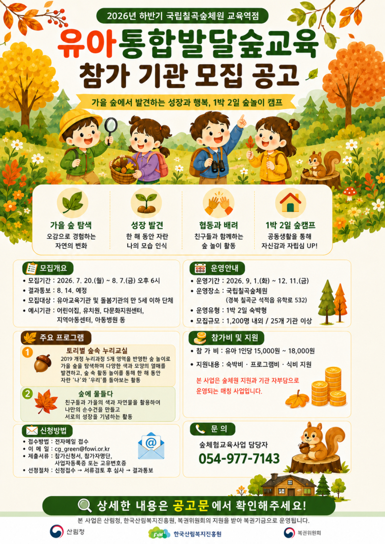 국립칠곡숲체원은 지난 20일부터 8월 7일까지 유치원·어린이집 등을 대상으로 “쑥쑥 자란 우리의 열매캠프” 참가 기관을 모집
